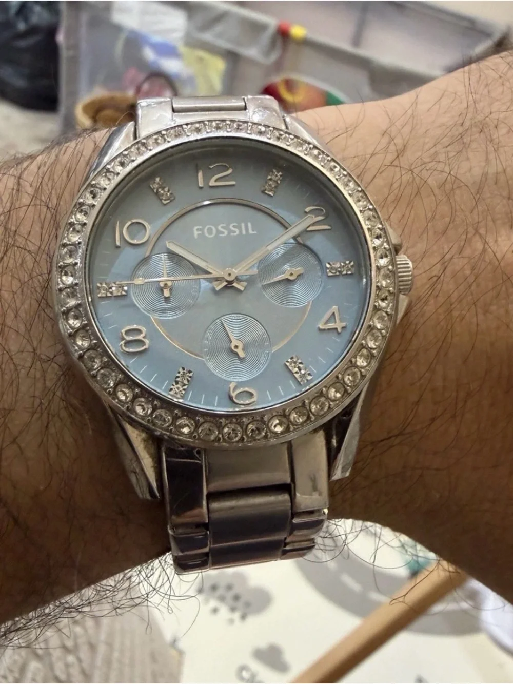Fossil Riley ES3529 Watch Silver Stainless Steel Crystal Light Blue Dial Unisex